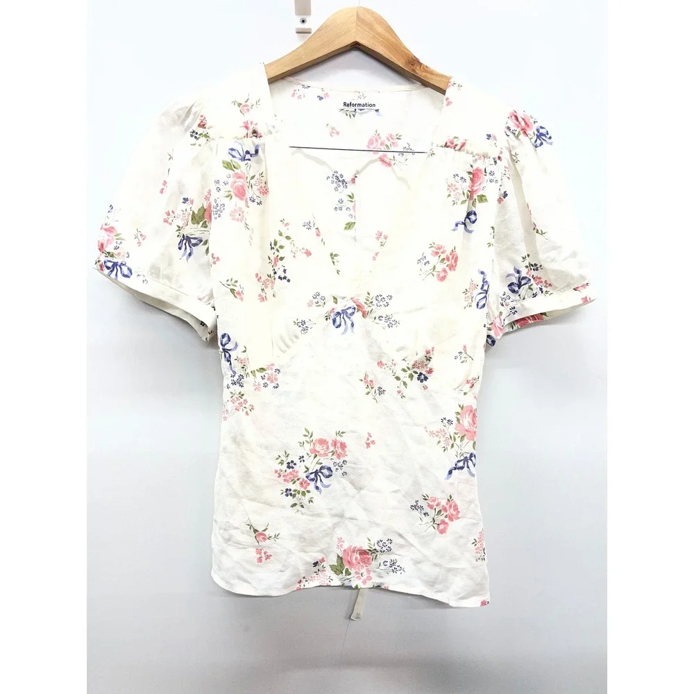 Reformation Floral V-Neck Puff Sleeve Tie Back Blouse Cream Pink Blue XL